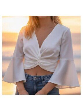 Showpo White Satin Blouse XS Crop Long Sleeve Twist Front Top